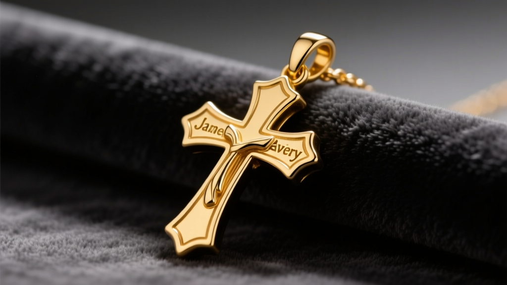 Close-up of a 14k yellow gold James Avery cross pendant on charcoal velvet, illuminated by warm studio lighting to show metal texture