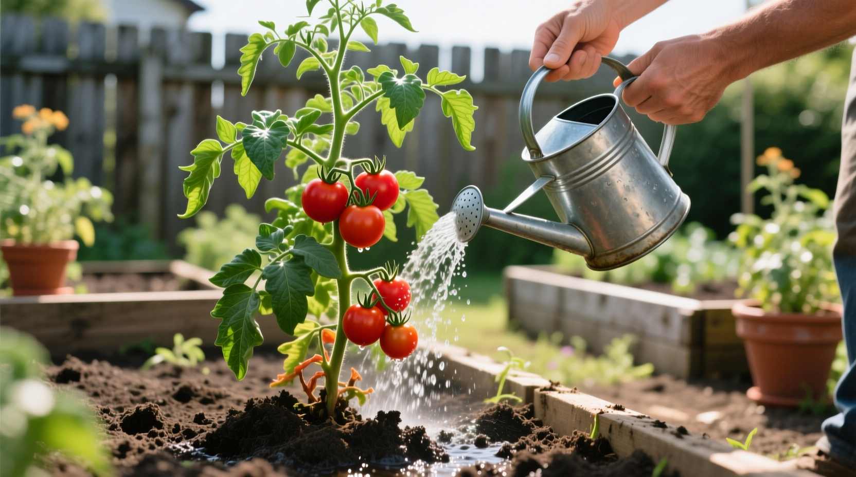 Tomato plant watering demonstration in garden