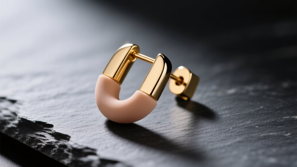 Close-up of a brass clip-on earring with a U-shaped silicone comfort pad resting on dark slate under soft directional lighting.