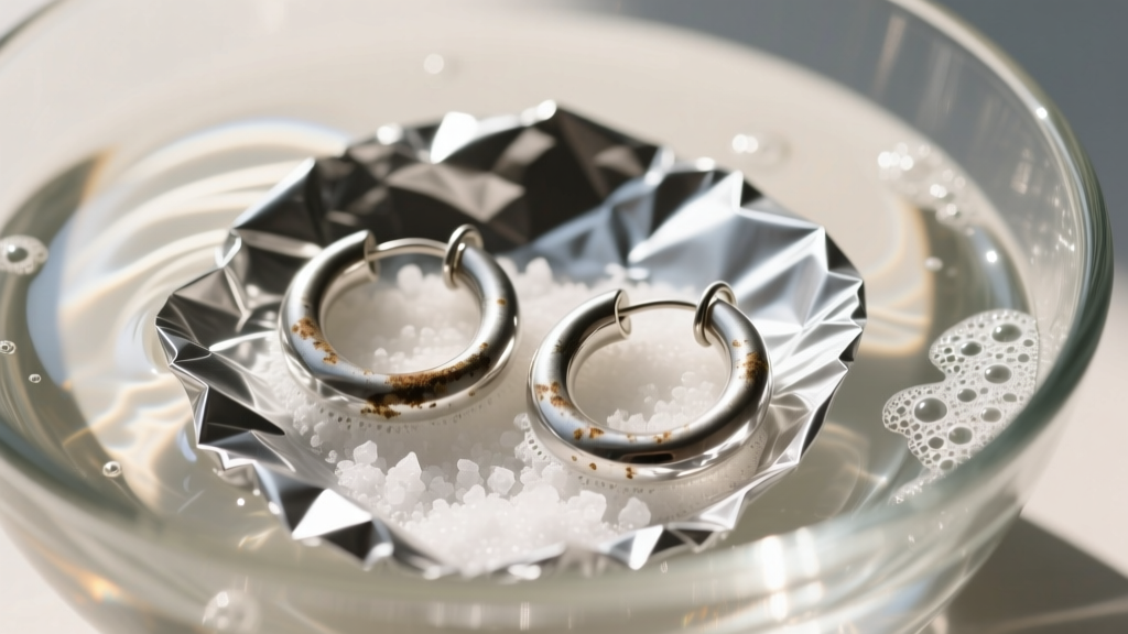 Close-up of tarnished sterling silver hoop earrings on aluminum foil in a glass bowl, surrounded by baking soda and warm water