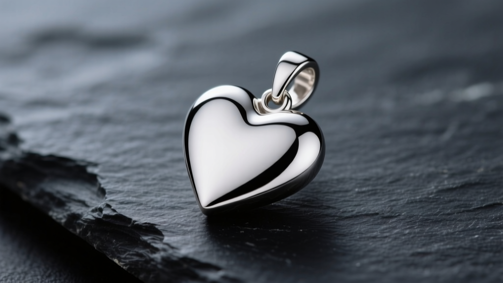 Polished 40mm solid .925 sterling silver heart pendant on dark slate, reflecting soft studio lighting in a macro jewelry shot.