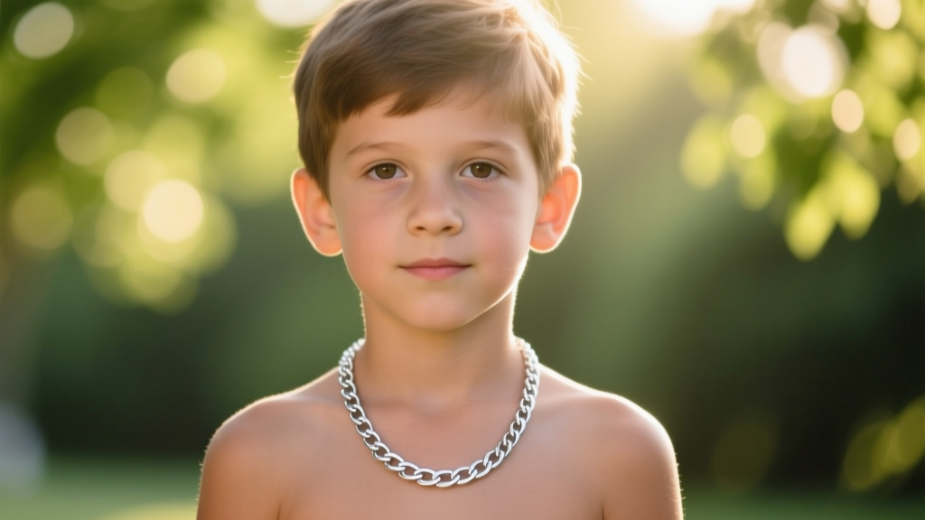 Young boy wearing a simple 925 sterling silver curb chain necklace outdoors in natural sunlight with a soft bokeh background