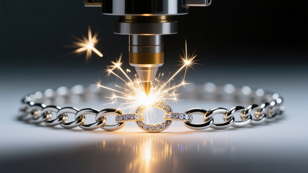 Jewelry laser welder emitting a bright microscopic spark onto a delicate platinum box chain link, captured in a dimly lit studio.