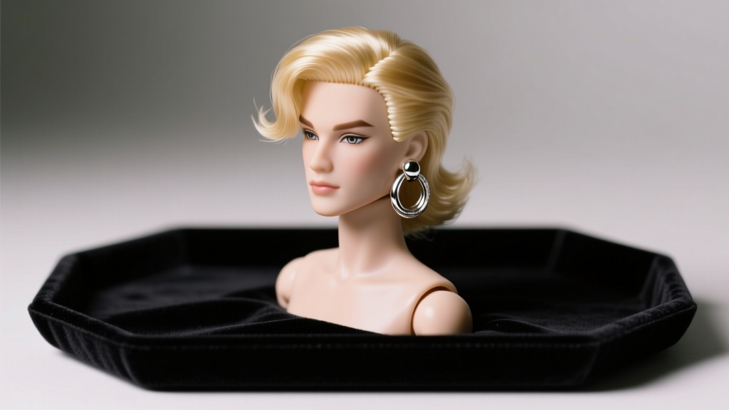 Vintage male doll with blonde hair wearing a silver hoop earring, displayed on a dark velvet tray under soft studio lighting.