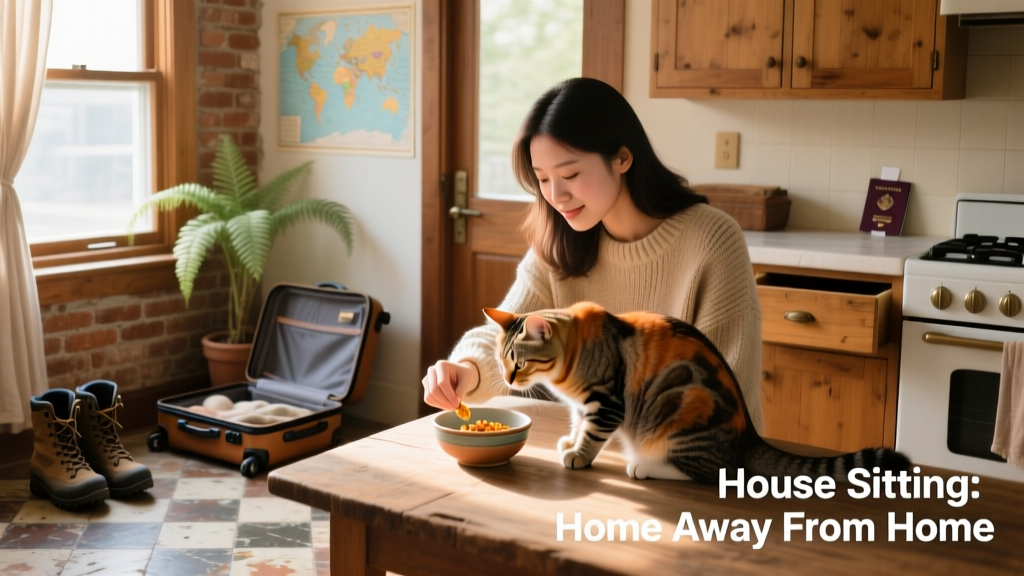 A house sitter gently feeding a tabby cat from a small bowl in a cozy kitchen