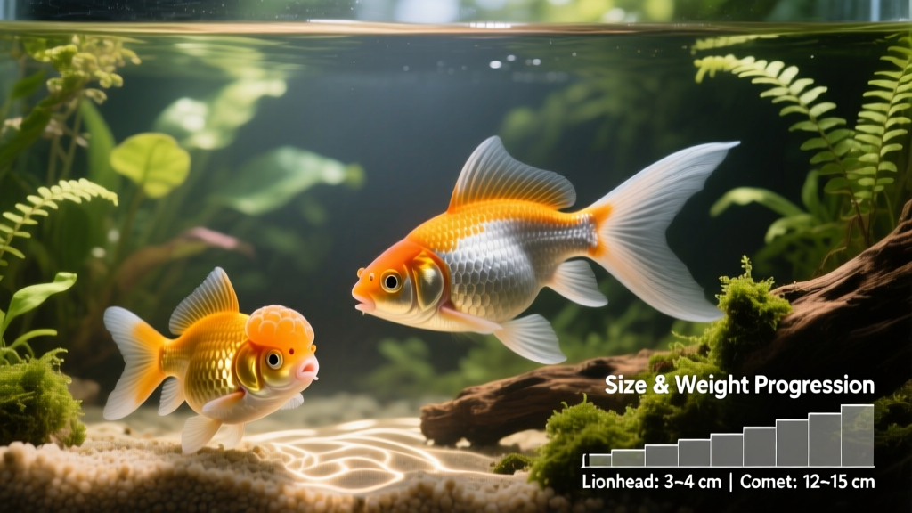 Side-by-side comparison showing a small fancy goldfish (e.g., Lionhead) next to a larger single-tailed variety (e.g., Comet) in a planted aquarium