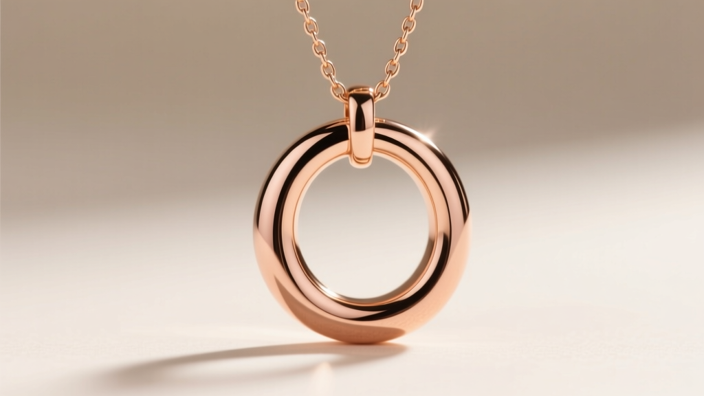 Macro shot of a seamless 14k rose gold o ring pendant on a delicate chain, highlighting the high-polish reflective metal surface