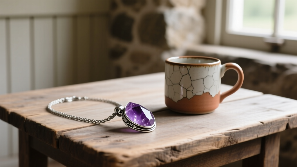 Rustic oxidized sterling silver necklace with raw amethyst pendant on a vintage wooden farmhouse table beside a ceramic mug.