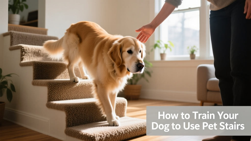 A senior dog calmly descending carpeted pet stairs with gentle guidance from their owner’s hand nearby