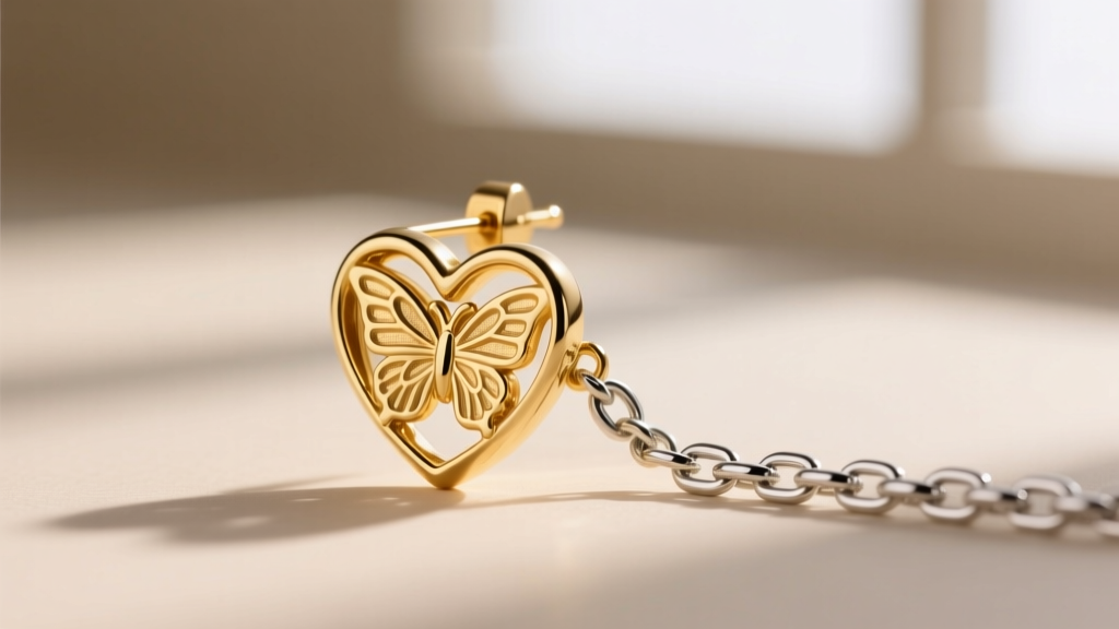 Macro photography of a 20-gauge gold vermeil heart earring post and butterfly backing next to a polished sterling silver chain