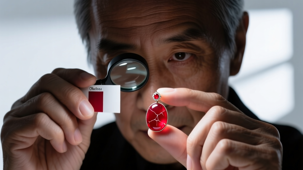 Close-up of a gemologist using a Chelsea color filter to inspect a dyed red jadeite earring under strong fiber-optic lighting.