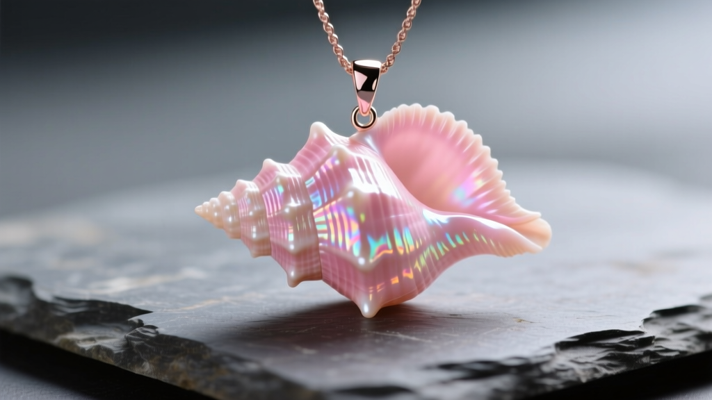 Macro view of a pink conch shell necklace pendant on slate, revealing its chatoyant flame pattern and rosy hues in soft light.