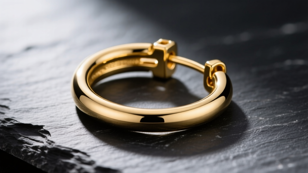 Close-up of a 14k gold shrimp hoop earring on dark slate, highlighting the hinged clicker back and straight front bar design.