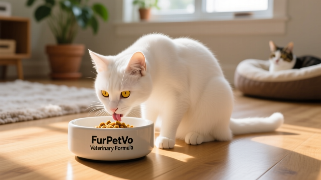 Cat eating from a clean, modern bowl labeled 'FurPetVo Veterinary Formula'