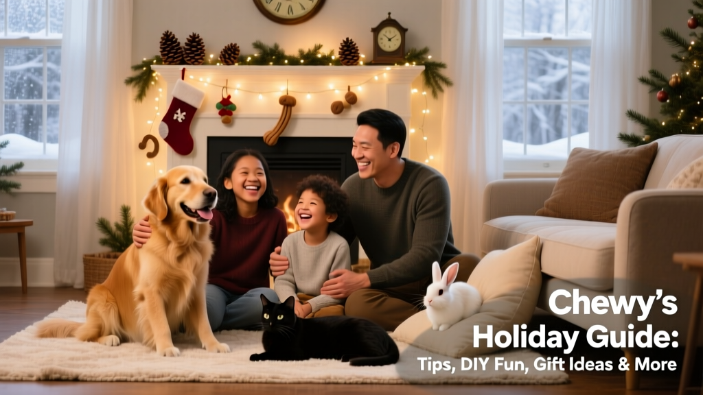 A smiling family sitting on the floor surrounded by their pets—a dog, a cat, and a small rabbit—posing in front of a softly lit holiday mantel decorated with pinecones and pet-safe ornaments