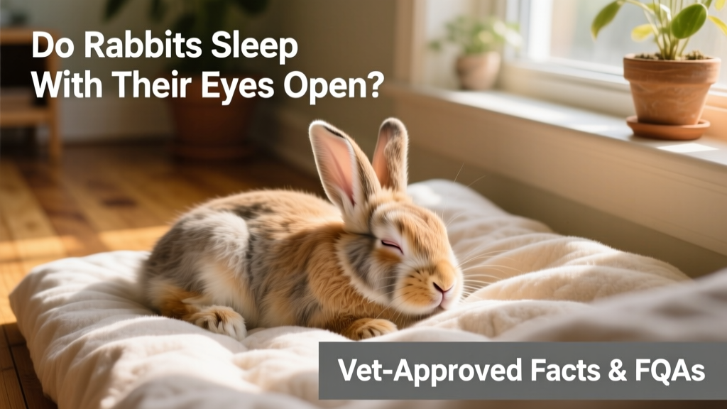 A relaxed rabbit resting on soft bedding, eyes partially open but appearing calm and drowsy