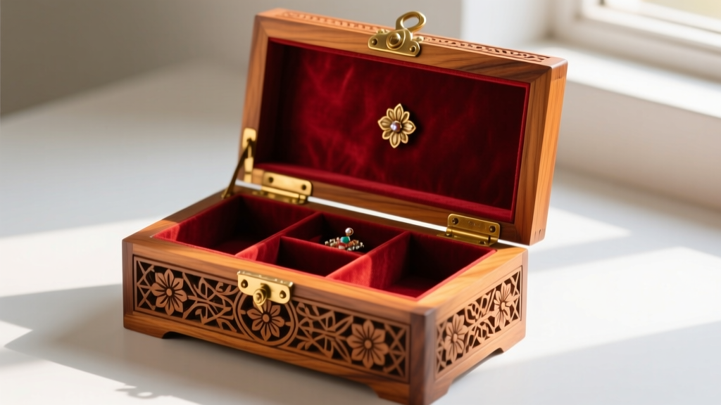 Ornate carved Sheesham wood Indian jewelry box with brass hinges, open to reveal plush crimson velvet compartments inside.
