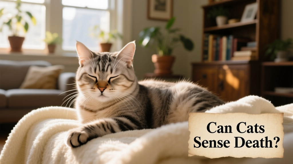 Senior cat resting peacefully on a soft blanket, bathed in gentle natural light
