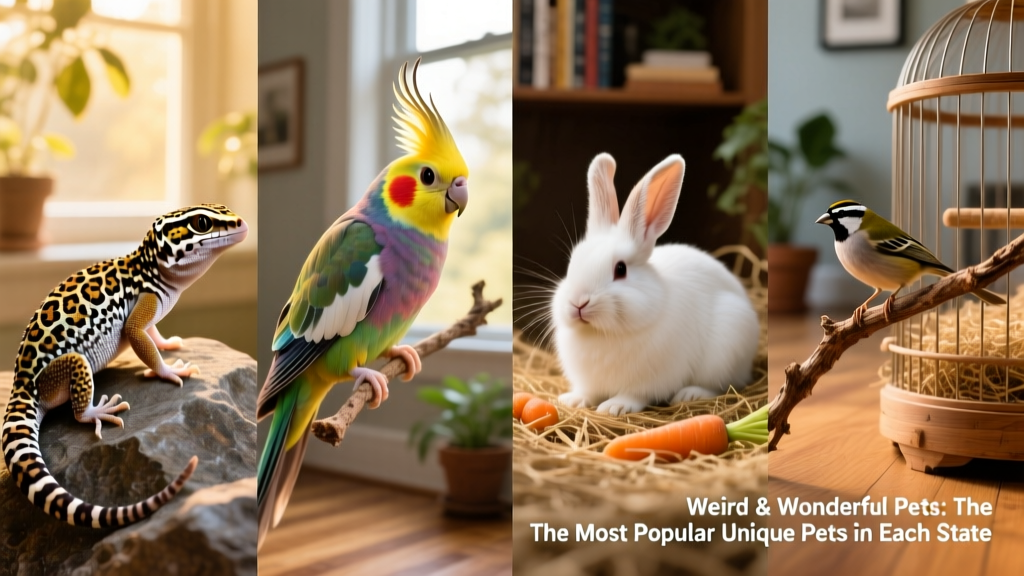 A diverse collage of unique pets: a leopard gecko, a cockatiel, a rabbit, and a zebra finch