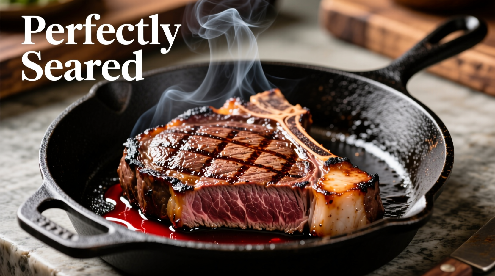 Perfectly seared tomahawk steak in cast iron skillet