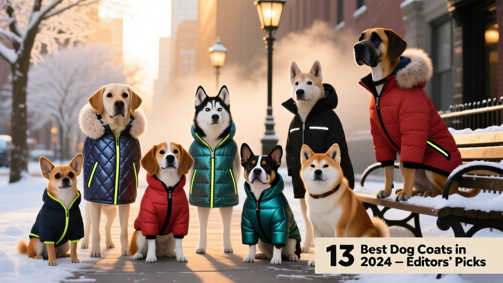 A diverse group of dogs wearing stylish, well-fitted winter coats in various colors and styles, outdoors on a crisp winter day