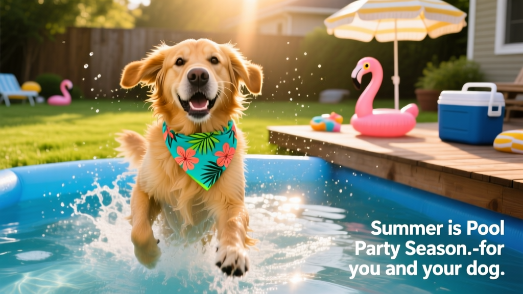 A golden retriever splashing joyfully in a backyard inflatable pool, wearing a bright tropical-patterned bandana