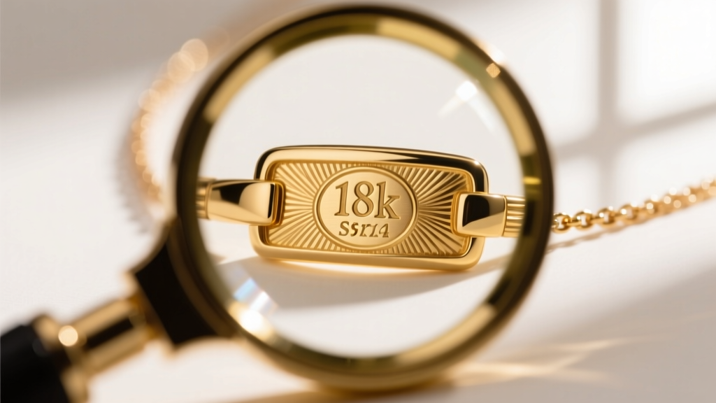 Macro shot of a jeweler loupe inspecting an 18k gold hallmark and serial number engraved on a luxury designer necklace clasp