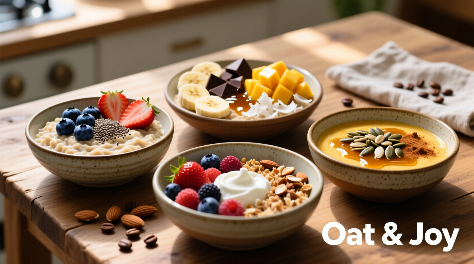 Five delicious oatmeal bowls with various toppings arranged