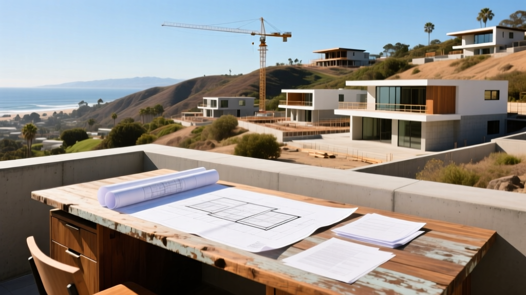 Architectural blueprints and financial documents spread on a wooden desk overlooking a sunny San Diego hillside custom home construction site