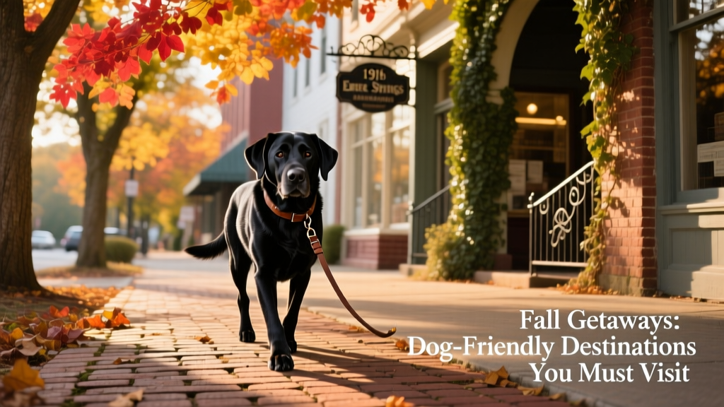 A black labrador walking along a historic brick sidewalk in Eureka Springs, AR, with colorful fall trees overhead