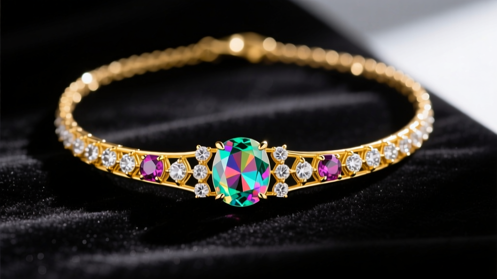 Vibrant multi colored necklace with watermelon tourmaline and sapphires in 18k yellow gold resting on dark velvet