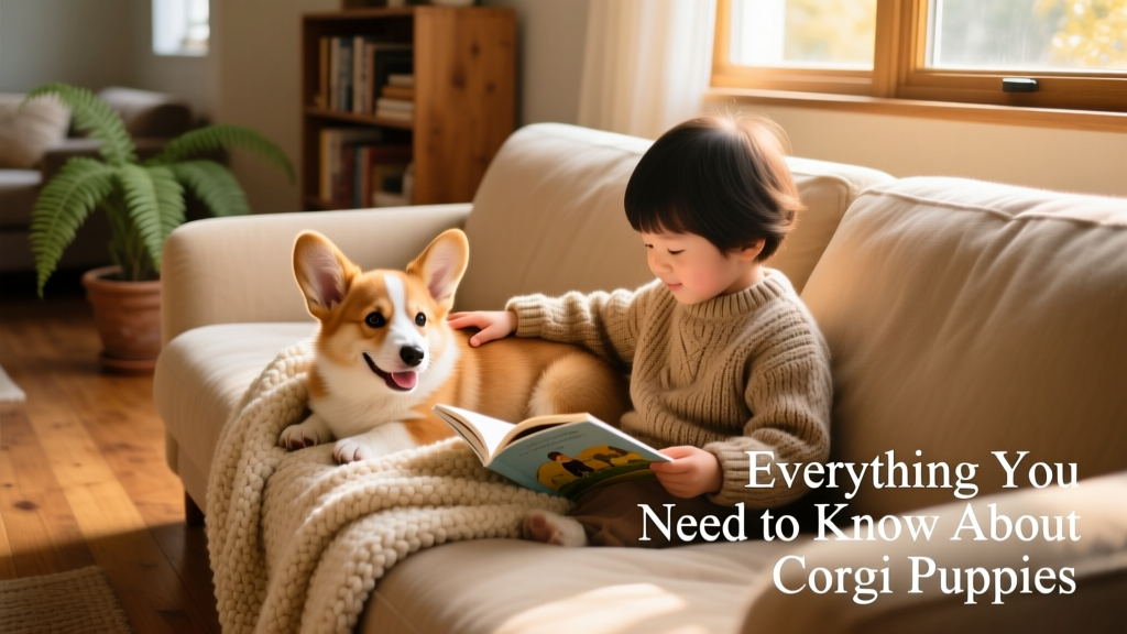 A happy Corgi puppy curled up on a cozy sofa next to a child reading a book