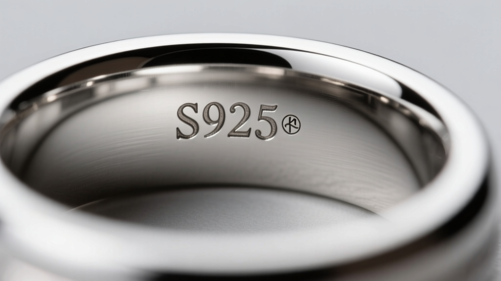 Macro photo of a silver ring interior showing a crisp S925 hallmark stamp and a tiny maker's mark under bright studio lighting.