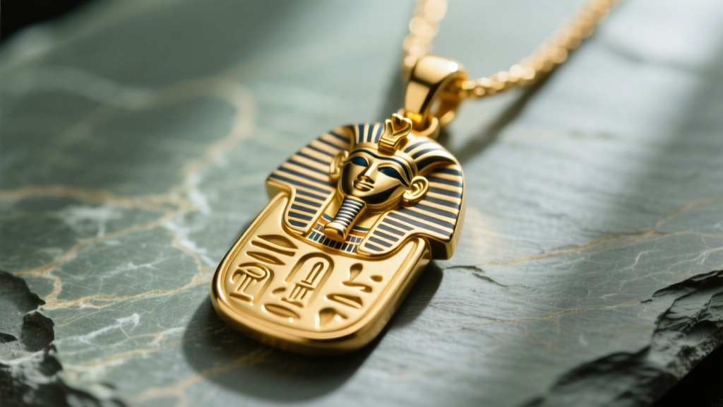 Macro shot of a 21k gold Egyptian cartouche pendant on slate, showing deep hand-engraved hieroglyphs and the base line.