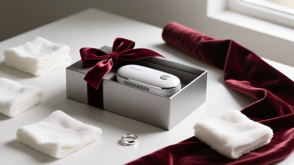 Gift wrapping scene showing a boxed ultrasonic cleaner tied with velvet ribbon, surrounded by microfiber polishing cloths and rings.