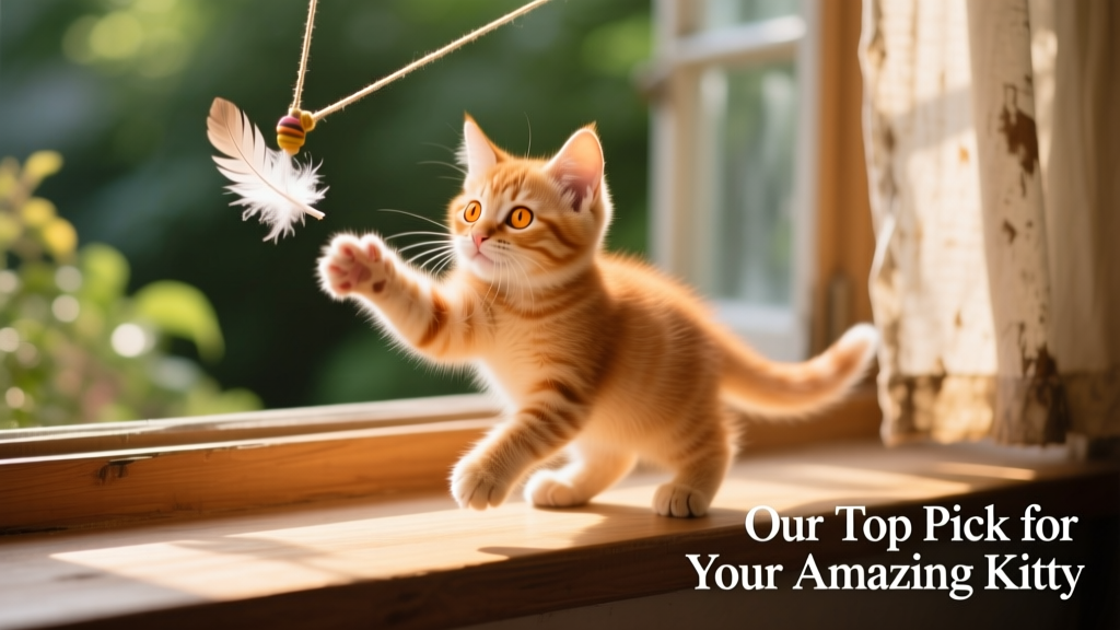 A playful ginger kitten batting at a feather toy on a sunlit windowsill