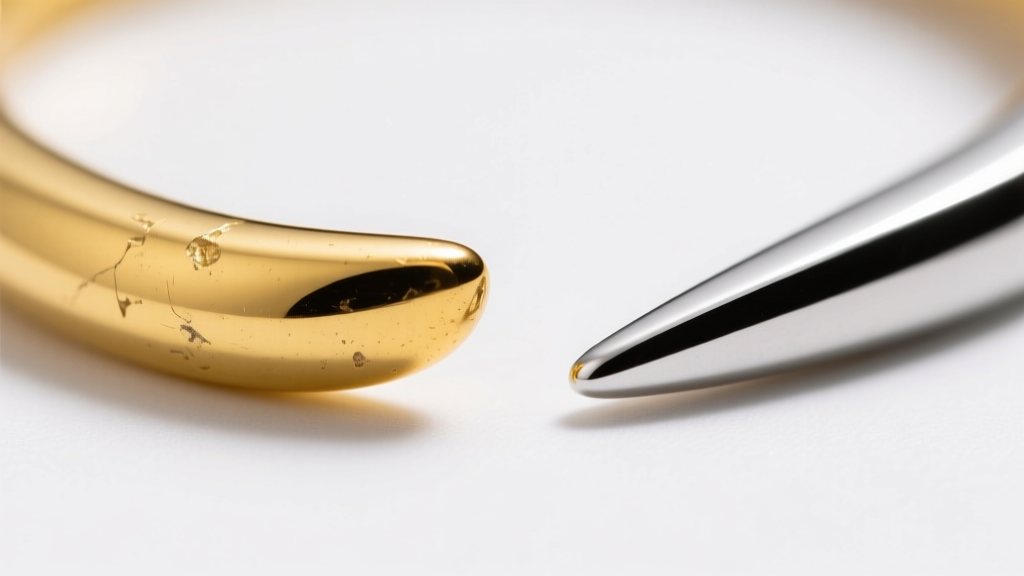 Macro view of a bent 18k yellow gold prong next to a secure platinum prong, highlighting metal wear under bright studio lighting.