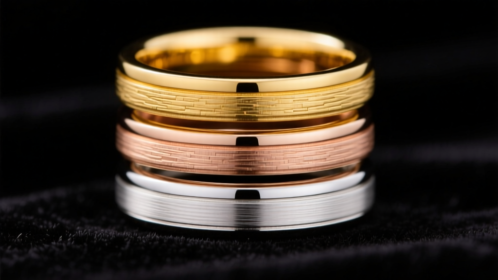 Macro shot of three stacked rings showing distinct colors of 14k yellow, 18k rose, and rhodium-plated white gold on dark velvet.