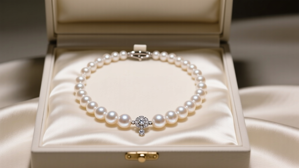 Elegant open box displaying a graduated white South Sea pearl necklace with a diamond clasp on soft cream silk fabric.