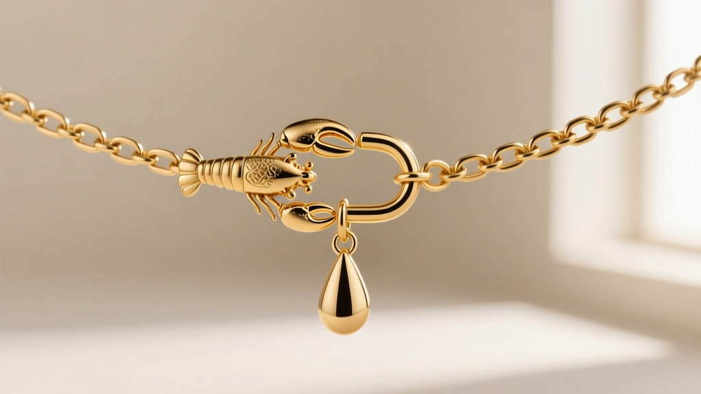 Extreme close-up of a 9mm gold lobster clasp attached to a two-inch extender chain with a small teardrop end charm in sharp focus