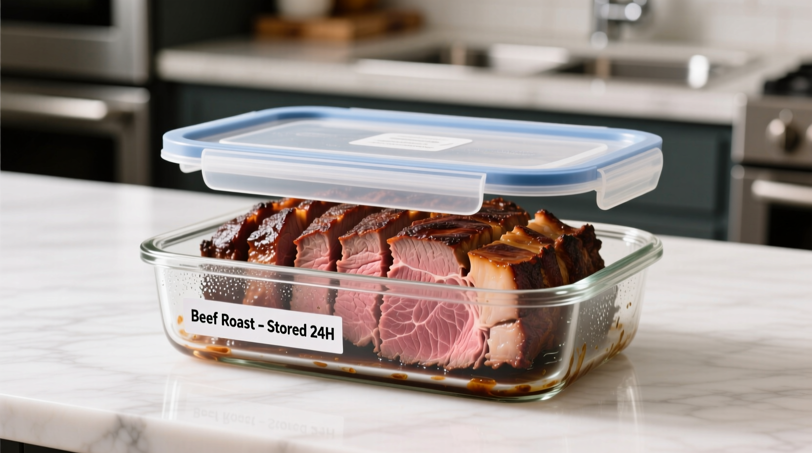 Properly stored cooked beef roast in airtight container
