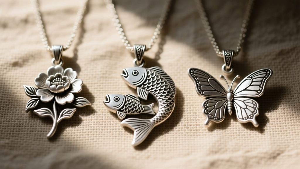 A flat-lay photograph of three distinct Hmong silver pendants featuring peony, fish, and butterfly motifs against raw linen fabric.