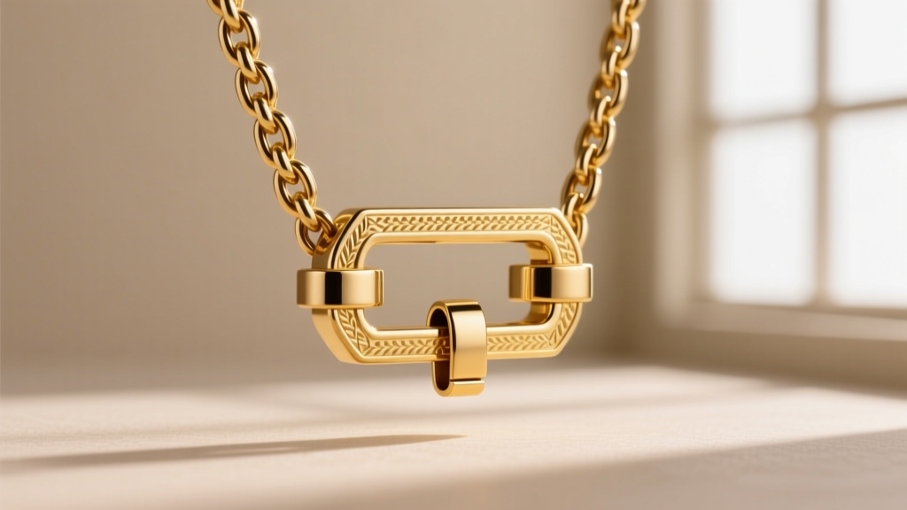 Close-up of an 18k gold tongue-box clasp with safety latch on a 3mm wheat chain, designed to support a heavy gemstone pendant