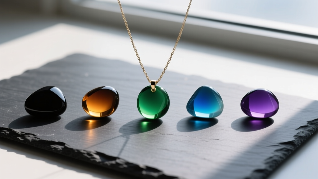 Flat lay of five mood necklace stones showing distinct thermochromic colors: black, amber, green, blue, and violet on dark slate.
