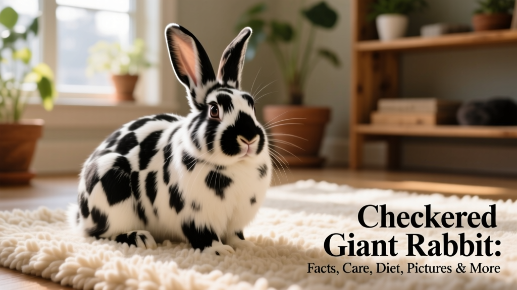 A relaxed Checkered Giant rabbit sitting on a soft rug, showing off its bold black-and-white patterned coat