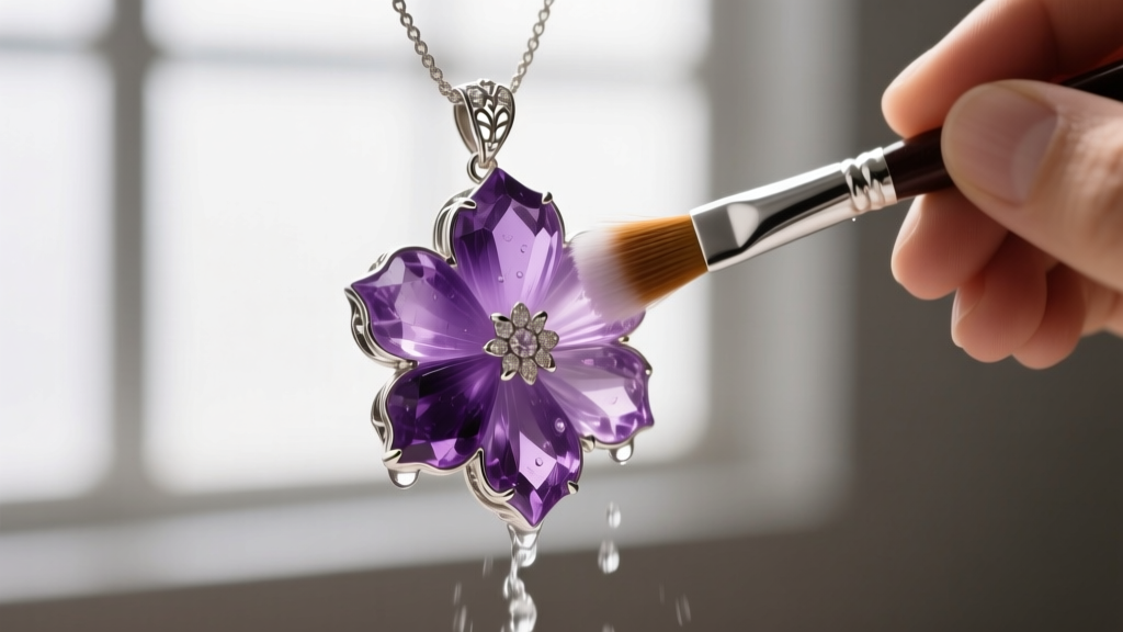 Jeweler using a soft bristle brush and soapy water to gently clean a cloudy purple amethyst stone set in a silver flower pendant