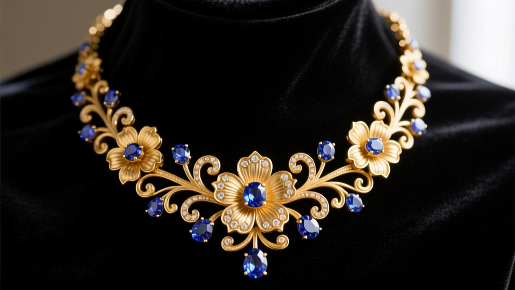 Close-up of vintage Kramer gold-plated floral bib necklace with prong-set sapphire rhinestones on dark velvet