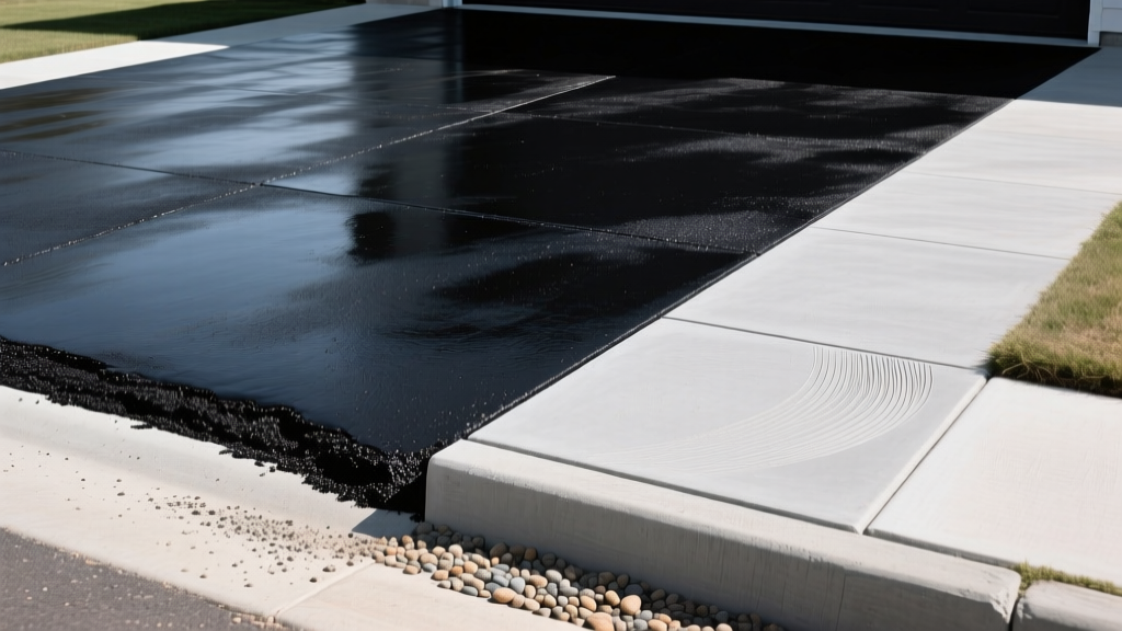 Split-view of freshly sealed black asphalt driveway and broom-finished gray concrete pavement meeting at a property line
