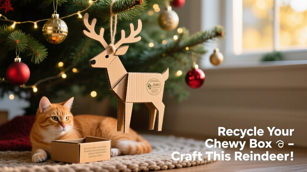 A festive, handcrafted cardboard ornament hanging on a decorated Christmas tree