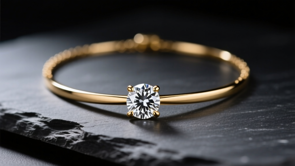 Macro shot of a 14k gold diamond simple necklace on dark slate, lit by soft directional studio lighting, showing detailed facets